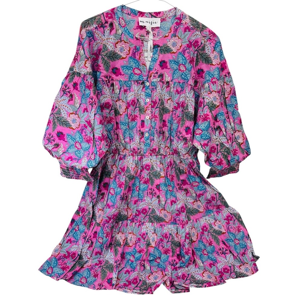 NWT Maisie Floral Ballon 3/4 Sleeve 100% Cotton Minidress Pink Ethnic Size Large